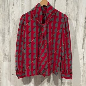 SASSON Vintage Gray and Red Tie Blouse Size 8